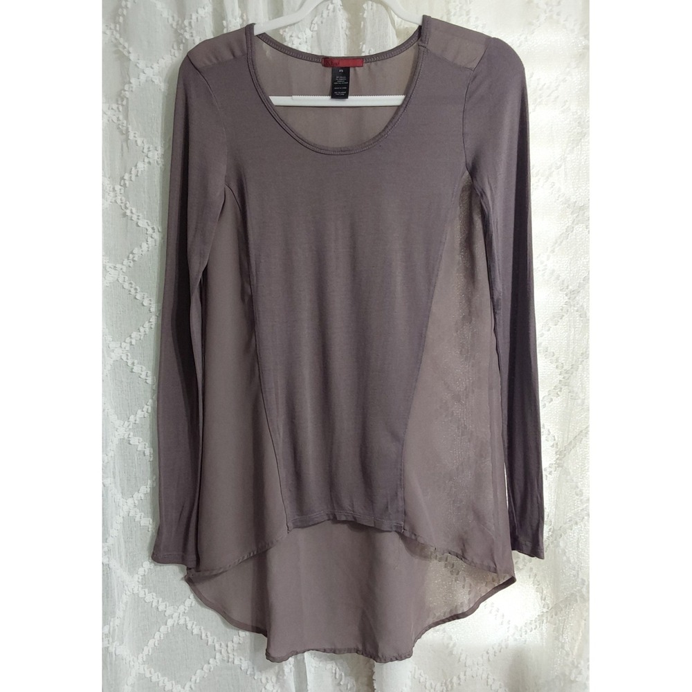 BKE Red Taupe Mixed Media Sheer High Low Long Sleeve Top XS